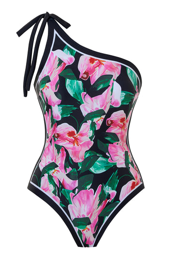 Balck Pink One Shoulder Floral Swimsuit